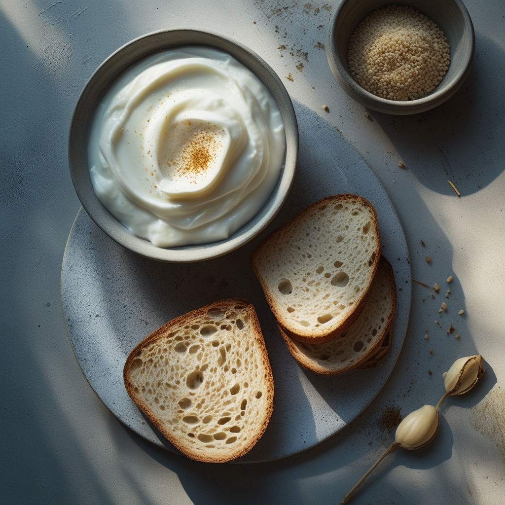 Top-down overhead composition of gut-friendly fermented foods on a light concrete surface: a ceramic bowl of natural yoghurt, sliced sourdough bread with porous crumb structure, and whole kefir grains, minimalist soft daylight